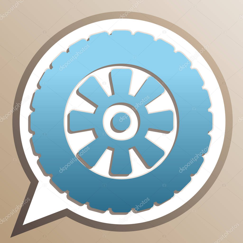 Road tire sign. Bright cerulean icon in white speech balloon at 