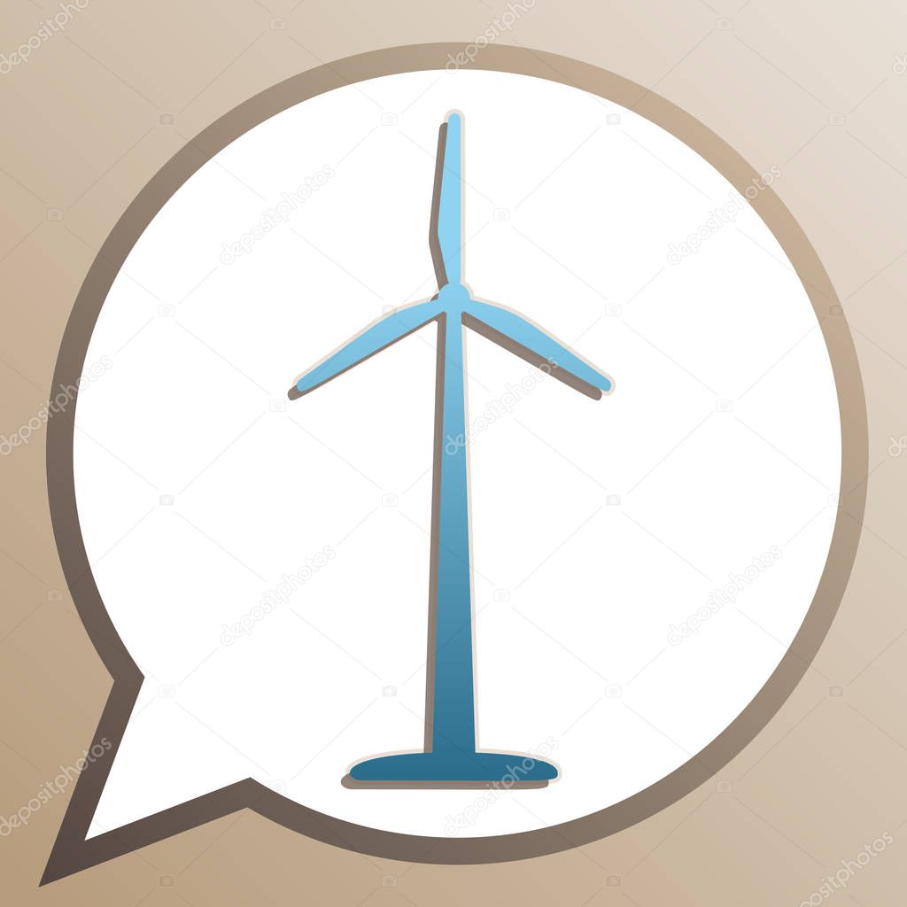 Wind turbine logo or sign. Bright cerulean icon in white speech 