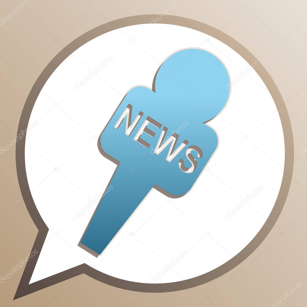 TV news microphone sign illustration. Bright cerulean icon in wh