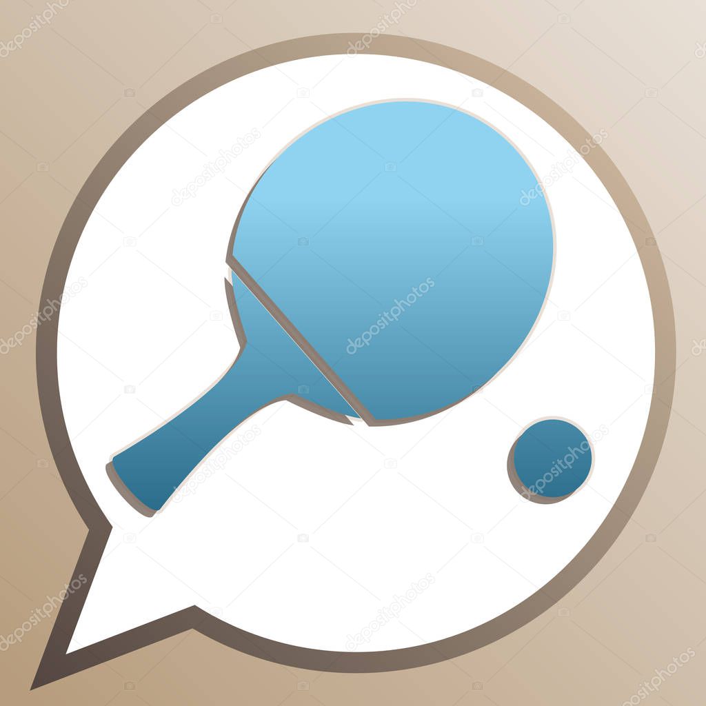 Ping pong paddle with ball. Bright cerulean icon in white speech