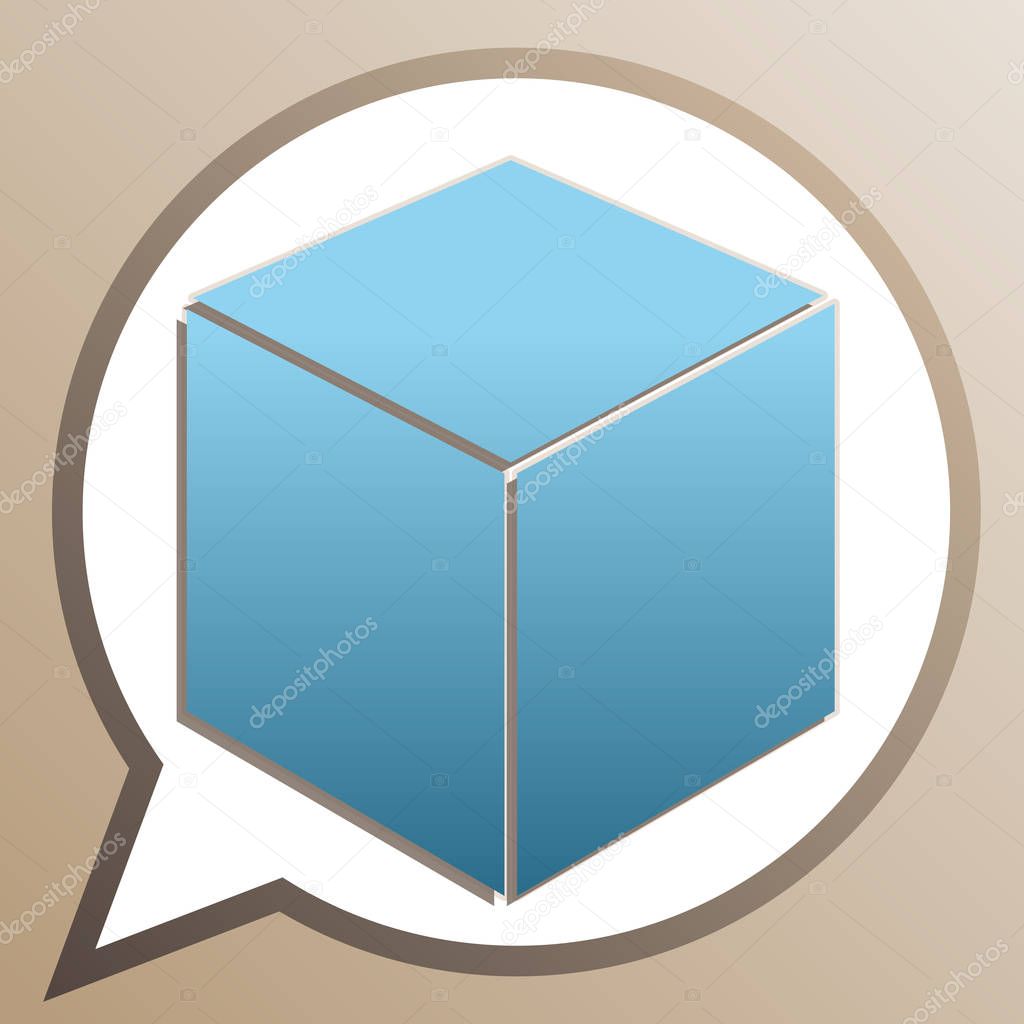 Cube sign illustration. Bright cerulean icon in white speech bal