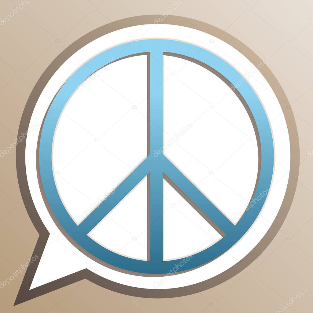 Peace sign illustration. Bright cerulean icon in white speech ba