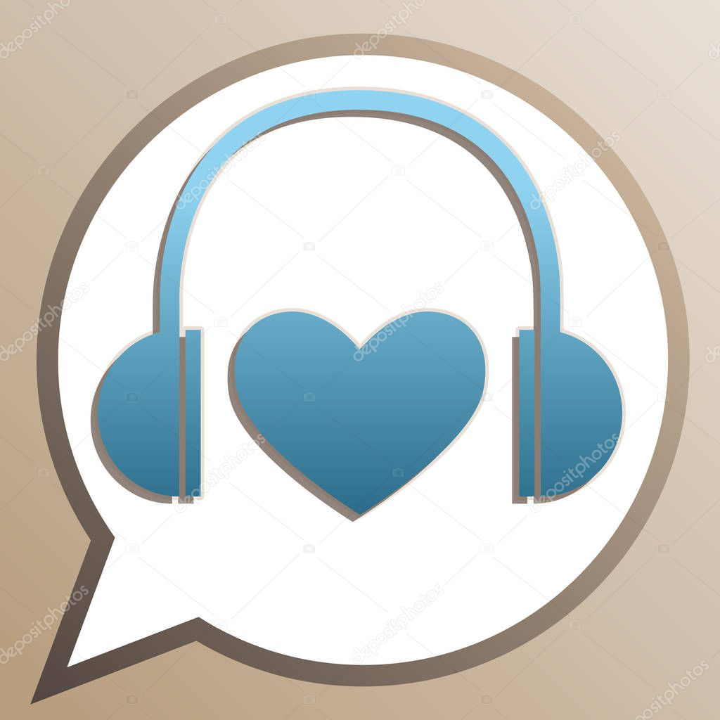Headphones with heart. Bright cerulean icon in white speech ball