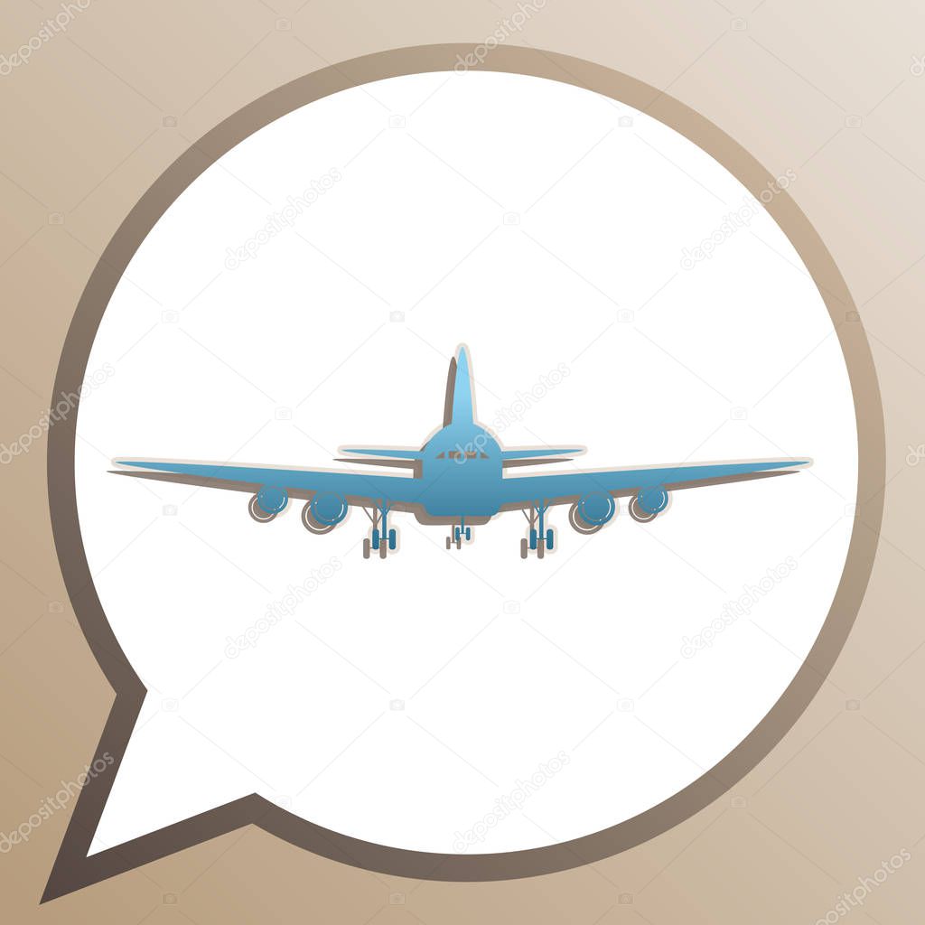 Flying Plane sign. Front view. Bright cerulean icon in white spe