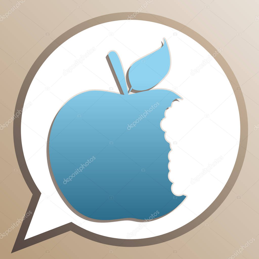 Bited apple sign. Bright cerulean icon in white speech balloon a