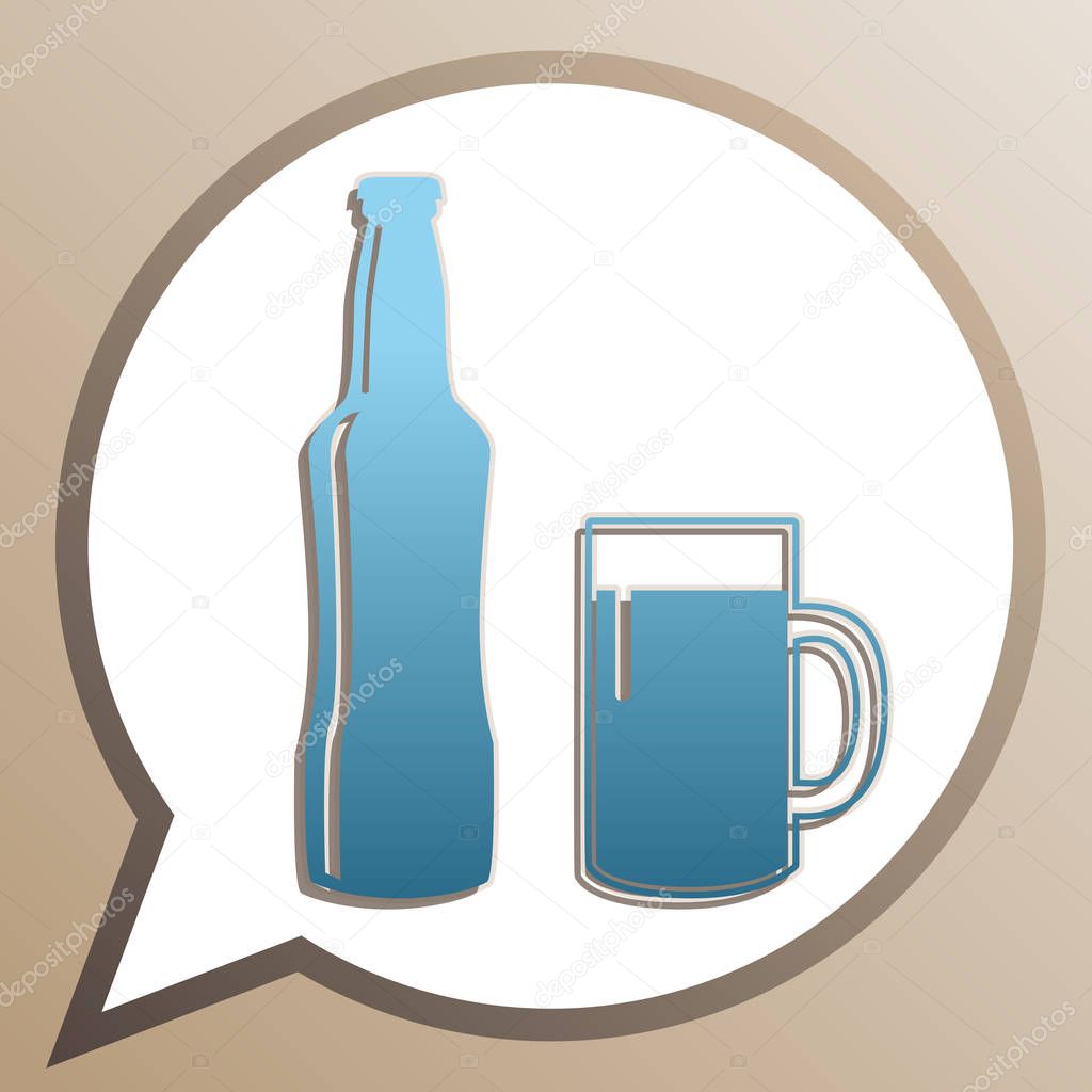Beer bottle sign. Bright cerulean icon in white speech balloon a