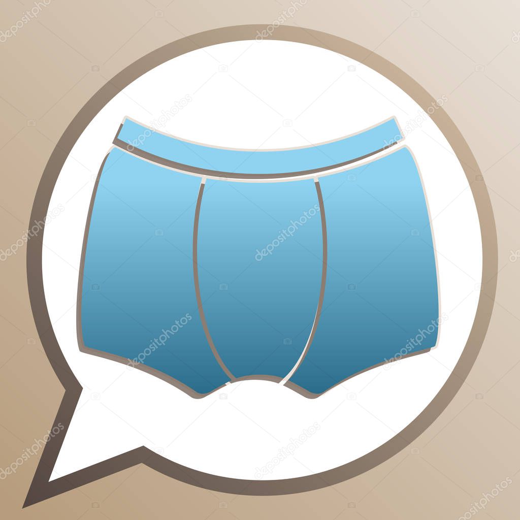 Man's underwear sign. Bright cerulean icon in white speech ballo