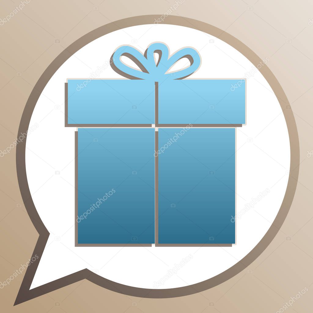 Gift sign. Bright cerulean icon in white speech balloon at pale 