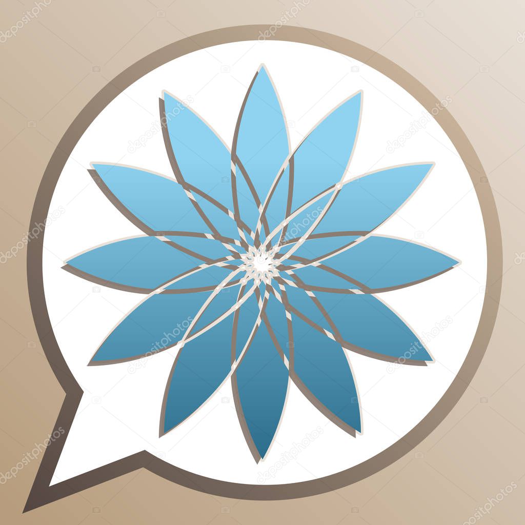 Flower sign. Bright cerulean icon in white speech balloon at pal