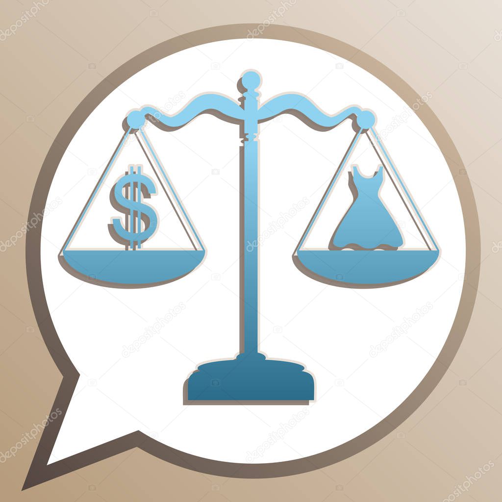 Dress and dollar symbol on scales. Bright cerulean icon in white