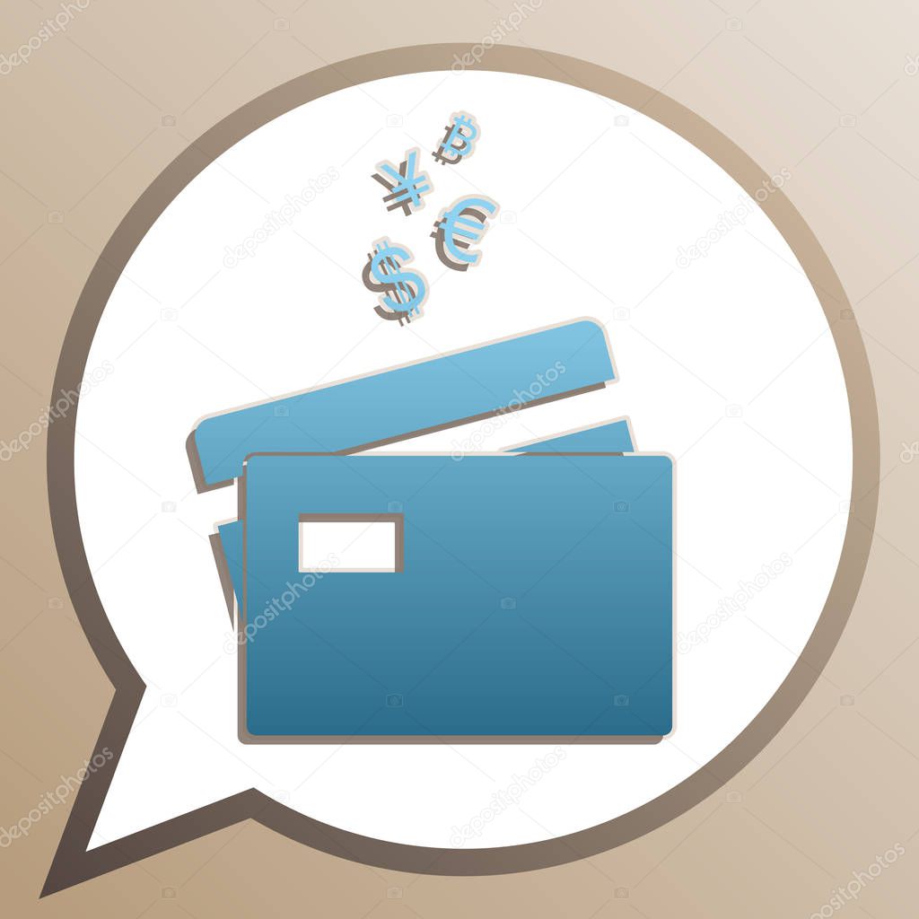 Credit cards sign with currency symbols. Bright cerulean icon in