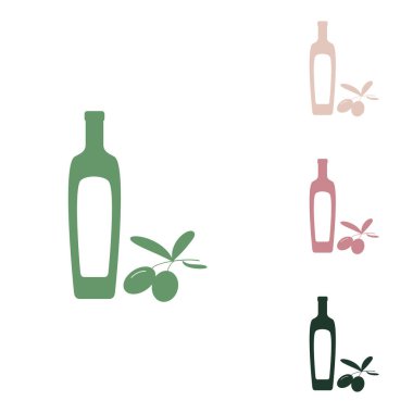 Zeytin yağı şişesi işaretli siyah zeytin dalı. Beyaz arka planda küçük orman yeşili, mor ve çöl kumları olan Rus yeşil ikonu.