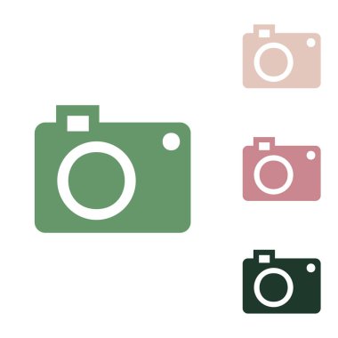 Dijital kamera işareti. Beyaz arka planda küçük orman yeşili, mor ve çöl kumları olan Rus yeşil ikonu.