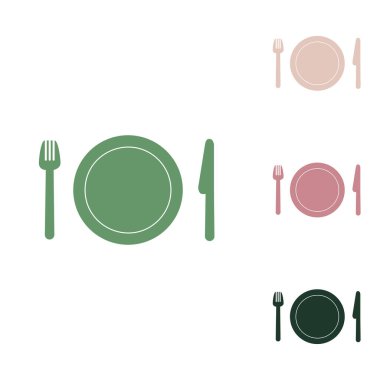 Çatal, tabak ve bıçak. Beyaz arka planda küçük orman yeşili, mor ve çöl kumları olan Rus yeşil ikonu.