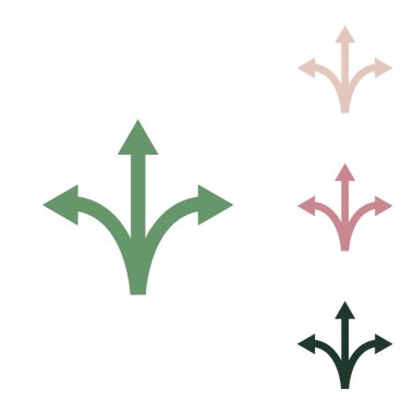 Three-way direction arrow sign. Russian green icon with small jungle green, puce and desert sand ones on white background. clipart