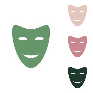 Komedi teatral maskeler. Beyaz arka planda küçük orman yeşili, mor ve çöl kumları olan Rus yeşil ikonu.