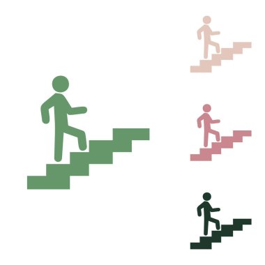 Man on Stairs going up. Russian green icon with small jungle green, puce and desert sand ones on white background. clipart