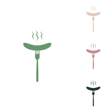 Çatal üzerinde sosis. Beyaz arka planda küçük orman yeşili, mor ve çöl kumları olan Rus yeşil ikonu.