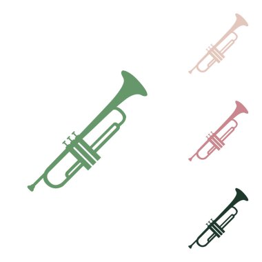 Müzik aleti Trompet işareti. Beyaz arka planda küçük orman yeşili, mor ve çöl kumları olan Rus yeşil ikonu.