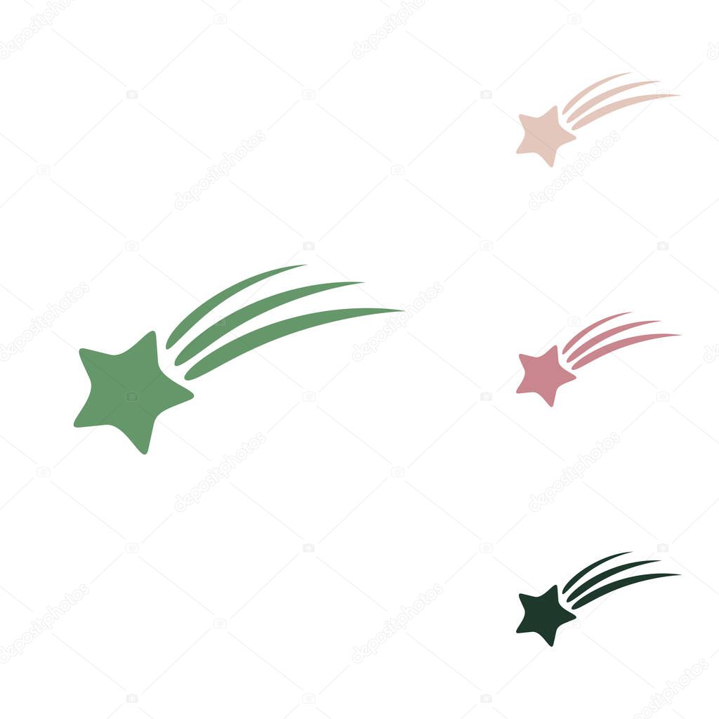 Meteor shower sign. Russian green icon with small jungle green, puce and desert sand ones on white background.