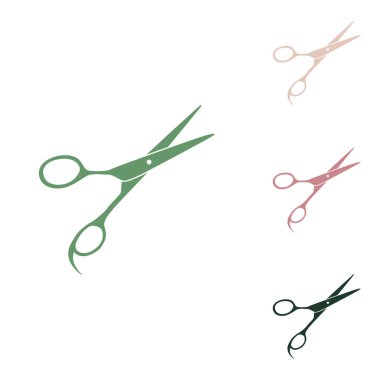 Saç kesme makası işareti. Beyaz arka planda küçük orman yeşili, mor ve çöl kumları olan Rus yeşil ikonu.