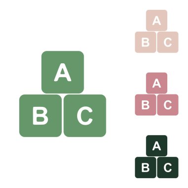 ABC küp işareti çizimi. Beyaz arka planda küçük orman yeşili, mor ve çöl kumları olan Rus yeşil ikonu.