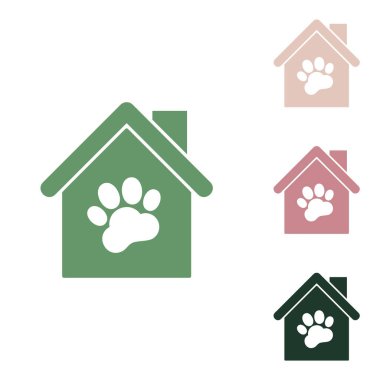 Evcil hayvan dükkanı, depo binası tabelaları. Beyaz arka planda küçük orman yeşili, mor ve çöl kumları olan Rus yeşil ikonu.