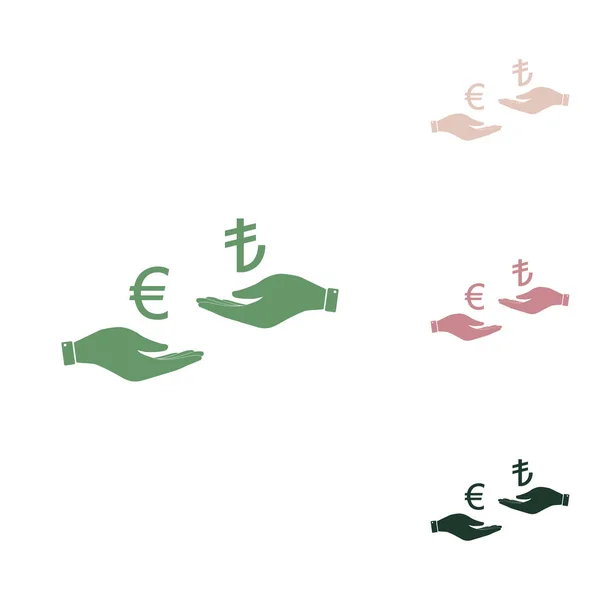 Směnárna Ruky Ruky Euro Lira Ruská Zelená Ikona Malými Džungle — Stockový vektor