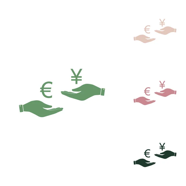 Cambio Moneda Mano Mano Euro Yen Icono Verde Ruso Con — Vector de stock