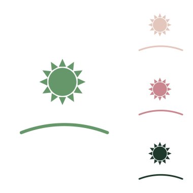 Gün doğumu ve günbatımı ikonu. Beyaz arka planda küçük orman yeşili, mor ve çöl kumları olan Rus yeşil ikonu.