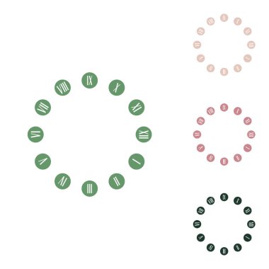 Saat yüz işareti. Beyaz arka planda küçük orman yeşili, mor ve çöl kumları olan Rus yeşil ikonu.