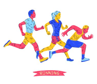 Grup erkek ve kadın beyaz arka plan üzerinde çalışan joggers izole