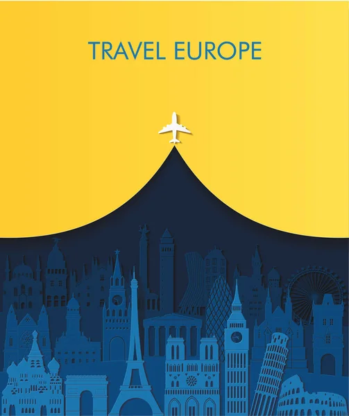 Conceito Viagem Com Avião Voador Letras Travel Europe — Vetor de Stock