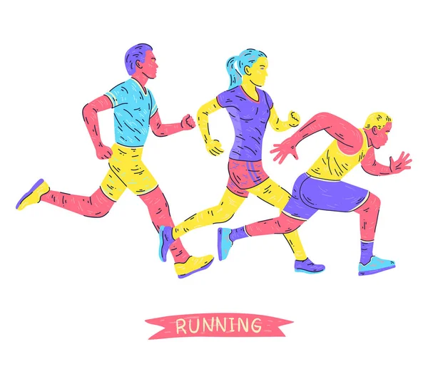グループの男性と女性のジョギングを実行している白い背景の分離 — ストックベクタ