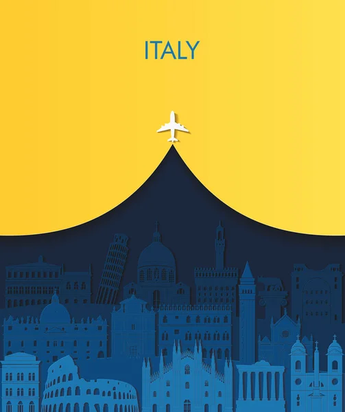 飛行機とイタリアの文字が飛んで旅行の概念 — ストックベクタ