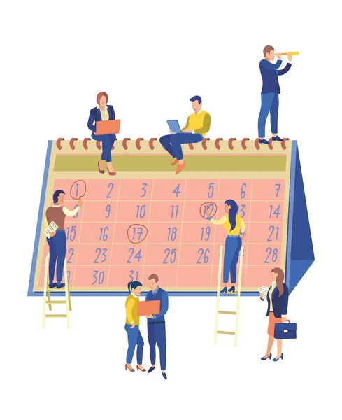 Partners Sitting Giant Calendar Business Concept Vector Graphics