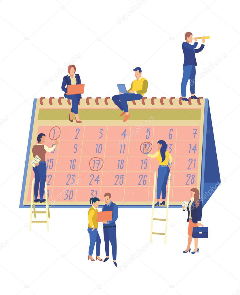 Partners sitting on giant calendar, business concept.