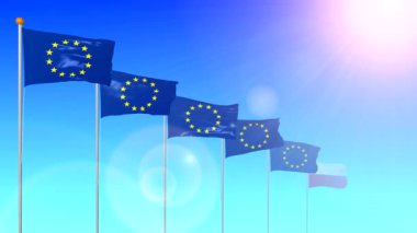 Durum Polonya üyesi Avrupa Birliği bayrağı mavi arka plan yakın çekim objektif bir parlamayı güneşle rüzgarda geliştiriyor.