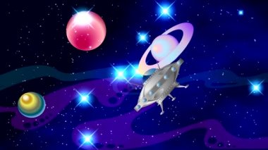 Alan parlak yanıp sönen yıldızlar ve gezegenler, ekseni etrafında dönen ay siyah bir zemin üzerine renkli bir bulutsu. UFO uçar ve uzayda izlerken.