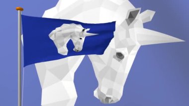 Mavi rüzgarda bir bayrak deseni degrade arka plan üzerinde poligonal bir unicorn ile geliştirmek. 4k video 3d programdan recoded. Organizasyon sembolü bir kumaş üzerinde çizilir.