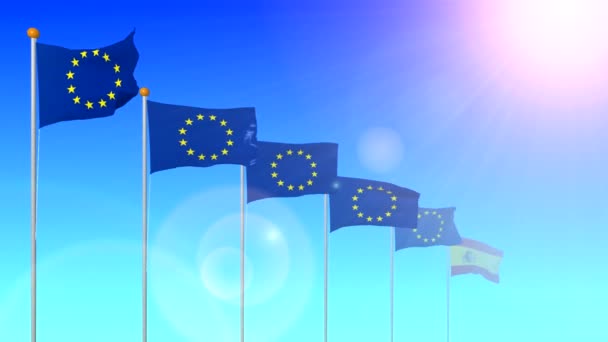 西班牙国旗是欧洲联盟的成员在风中发展在太阳与眩光从透镜在蓝色背景特写 — 图库视频影像