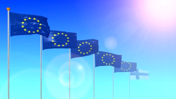 Finn Állam Tagja Európai Unió Zászlaja Fejlődik Szél Nap Tükröződés — Stock videók