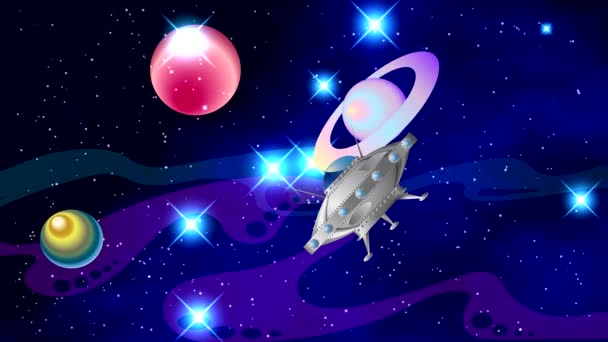 明るい点滅星と月の軸線のまわりの回転の惑星と黒の背景に色付き星雲領域 Ufo が飛んできて 宇宙で繰り広げられる — ストック動画