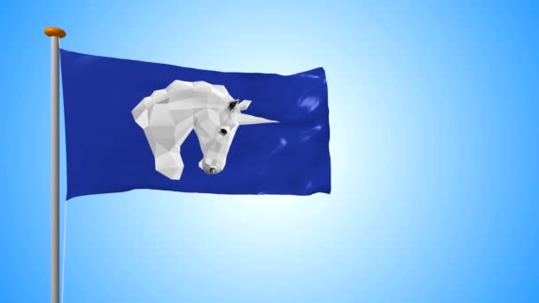 Bleu Développant Dans Vent Drapeau Avec Motif Une Licorne Polygonale — Video