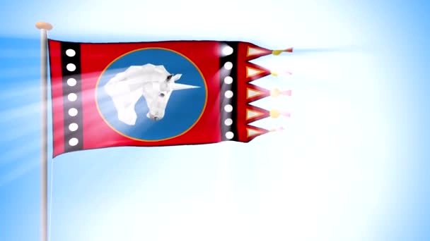 红色与有色元素和插入物开发在风旗子以多边形的白色独角兽的样式在梯度背景 从3D 程序重新编码 — 图库视频影像