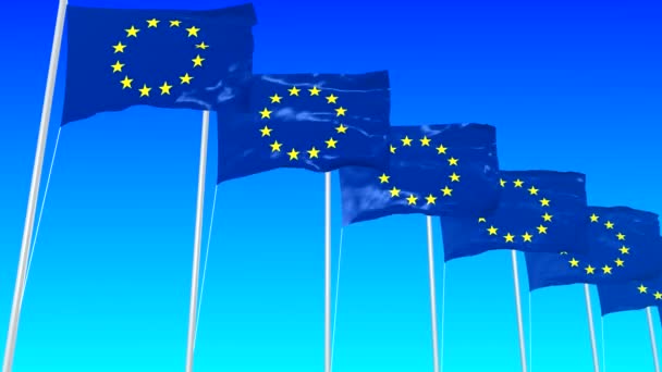 旗子是丹麦状态的标志在系列欧共体旗子以移动对影片的主要元素特写在蓝色背景上 — 图库视频影像