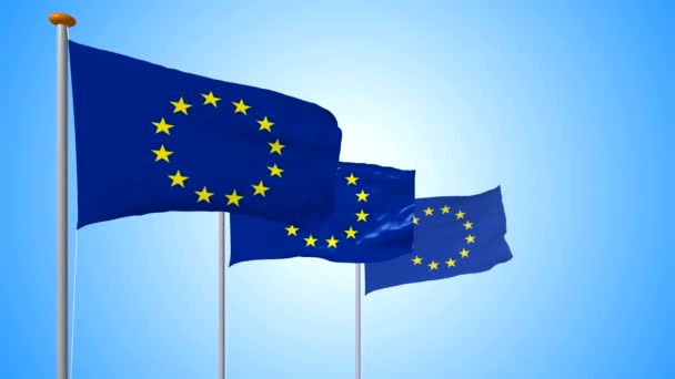 欧洲联盟的三个旗子在风开发在蓝色梯度背景 从3D 程序渲染4K — 图库视频影像