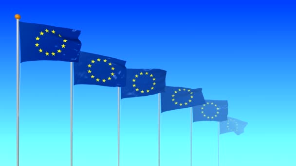 欧洲联盟的六个旗子在风开发在一个蓝色梯度背景在透视以雾 从3D 程序渲染4K — 图库视频影像