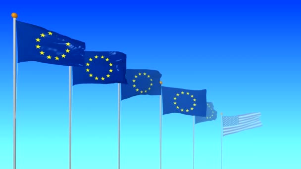 欧洲联盟的六个旗子在风开发在一个蓝色梯度背景在透视以雾 移动沿旗子对美国标志 从3D 程序渲染4K — 图库视频影像