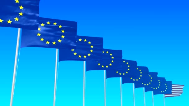 欧洲联盟的十个旗子在风开发在一个蓝色梯度背景在透视以雾 移动到 Uca 状态的符号以转 从3D 渲染4K — 图库视频影像